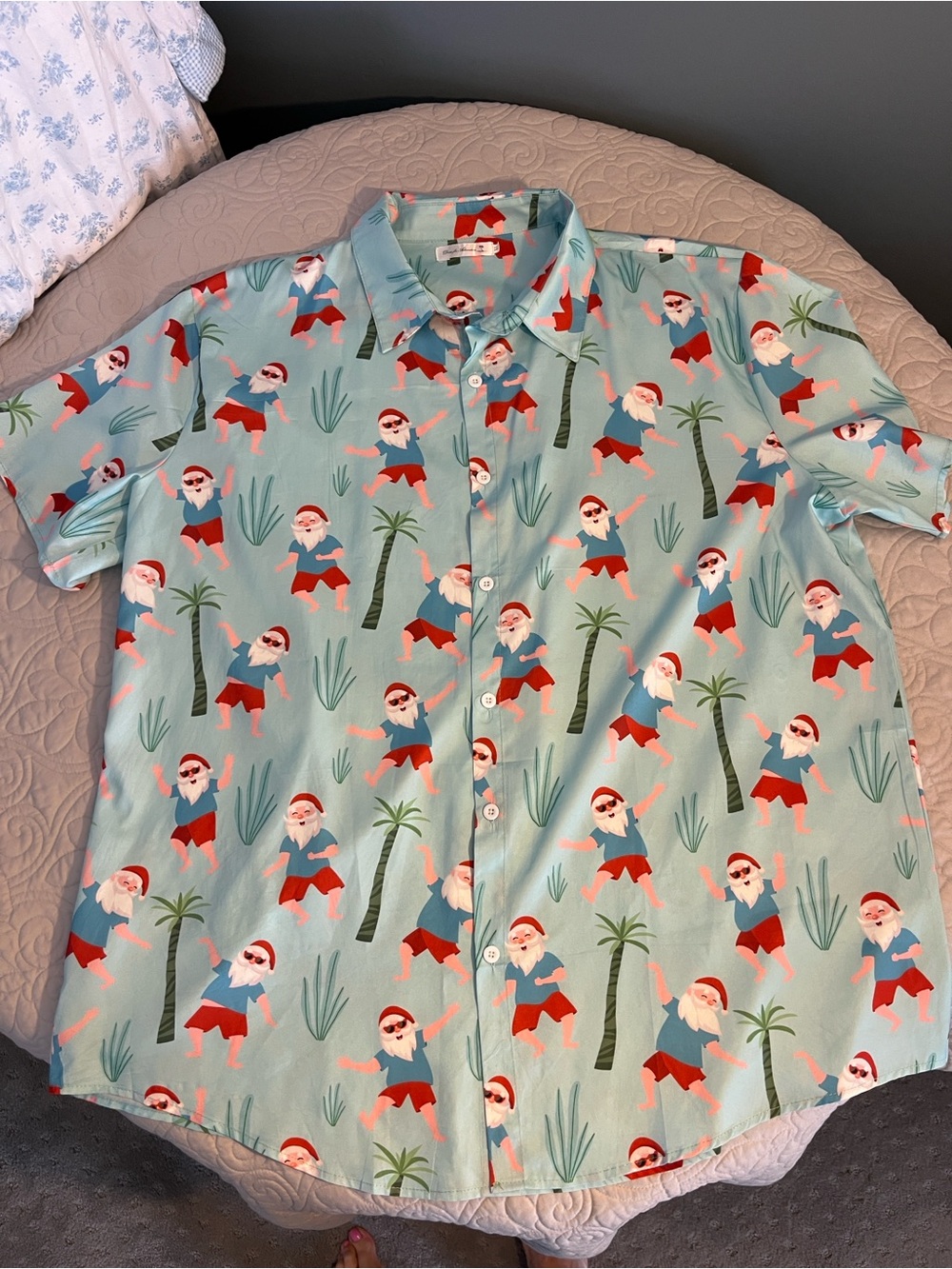 Ras Light Blue Short-Sleeve Button-Up Shirt with Red & White Santa Print